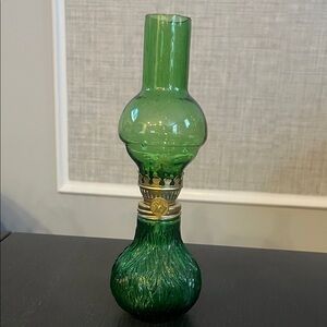 Beautiful 9 Inch Vintage Green Glass Oil Lamp
